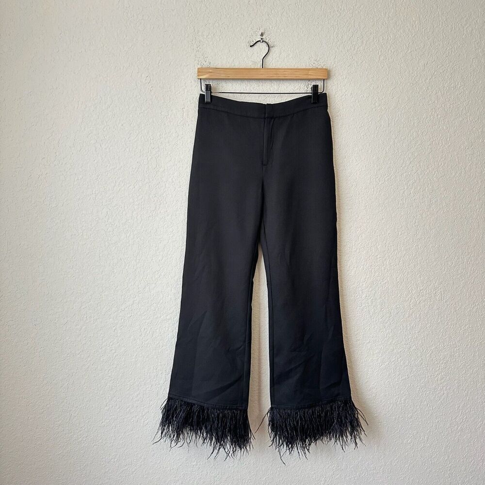 NWT STRUT & BOLT Los Angeles Black Wide-Leg Pants w Feather Trim